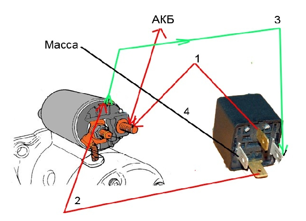 Подключите стартер к реле как показано на рисунке