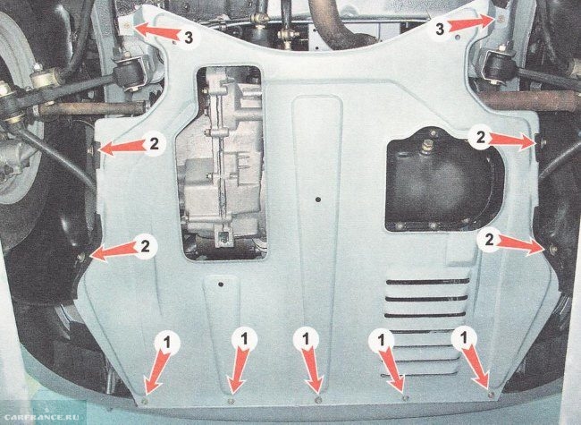 Точки крепления штатной защиты двигателя автомобиля ВАЗ-2110, вид снизу