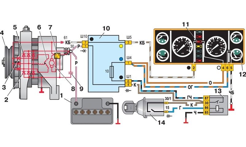 Схема подключения генератора 37.3701 со встроенным реле-регулятором