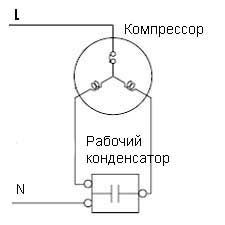 Схема подключения рабочего конденсатора к обмоткам двигателя компрессора