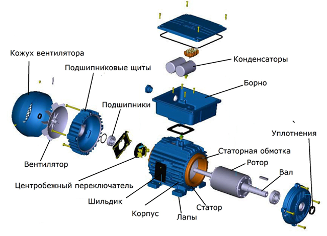 Устройство и схема однофазного электродвигателя 220в