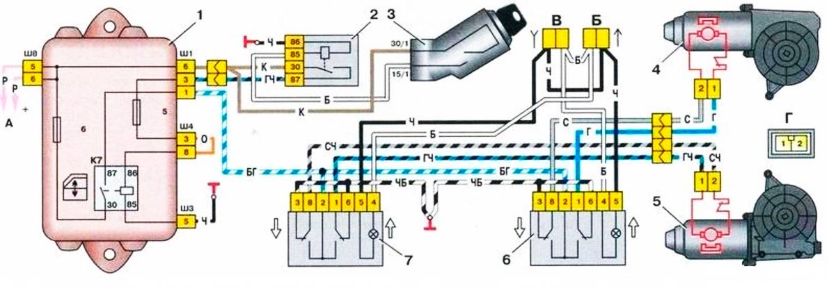 схема подключения стеклоподъёмников ваз 2109