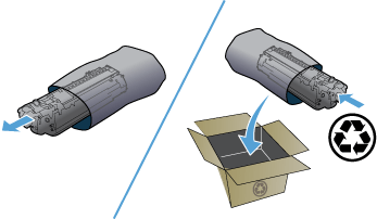 Иллюстрация процесса извлечения нового картриджа из упаковки и подготовки отработанного картриджа для отправки в переработку.