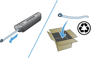 Иллюстрация процесса извлечения язычка из картриджа и подготовки его к отправке в переработку.