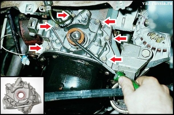 Стрелками указано шесть болтов, за счёт которых маслонасос крепится к блоку цилиндров. А в левой углу, показана фотография на которой изображен тот самый масляный насос