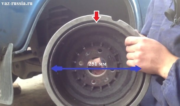 Красной стрелкой указана рабочая поверхность барабана, а синей полосой указан внутренний его диаметр