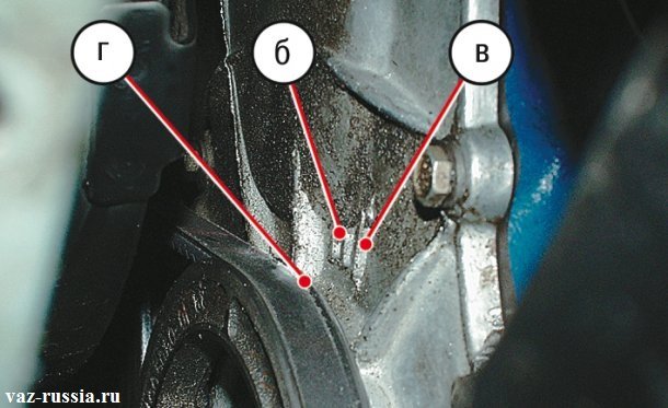 Метки на крышке распределительного вала и метка на шкиве коленвала
