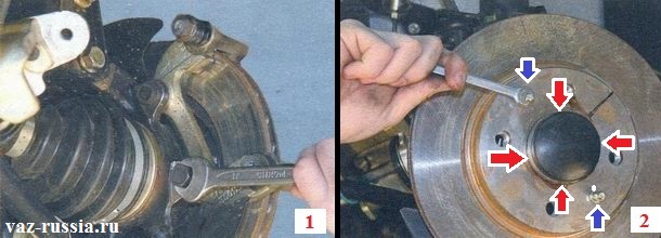 Выворачивание двух болтов крепления направляющей тормозных колодок и её снятие, а так же выкручивание направляющих штифтов крепящих тормозной диск и его снятие