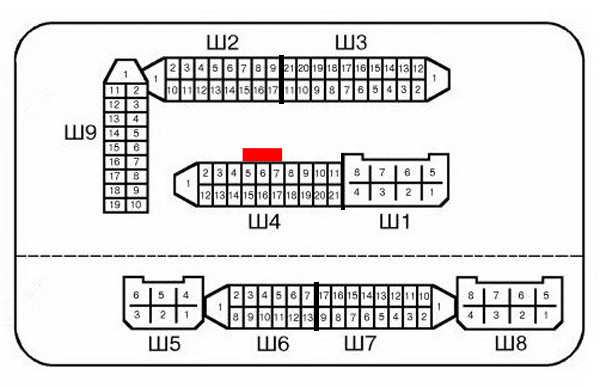 Нумерация штекеров в соединительных колодках монтажного блока ВАЗ 2113, 2114, 2115